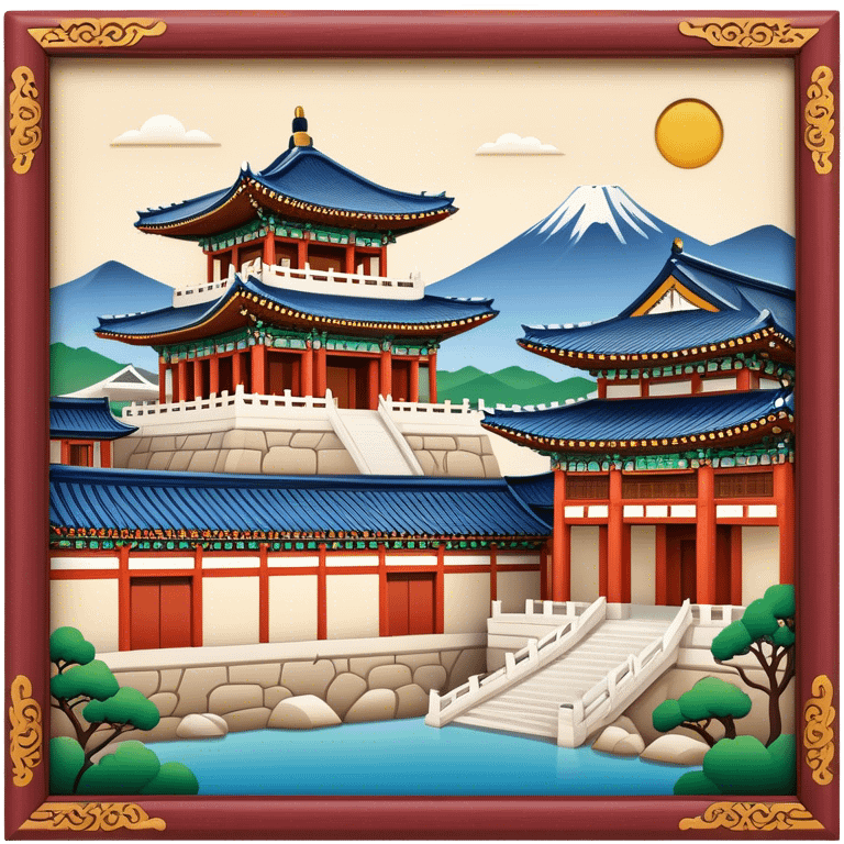 Cinematic Realistic Gyeongbokgung Palace Landmark Emoji, rendered with traditional Korean architecture, ornate wooden carvings, and vibrant colors, set against the backdrop of modern Seoul with soft evening light. emoji