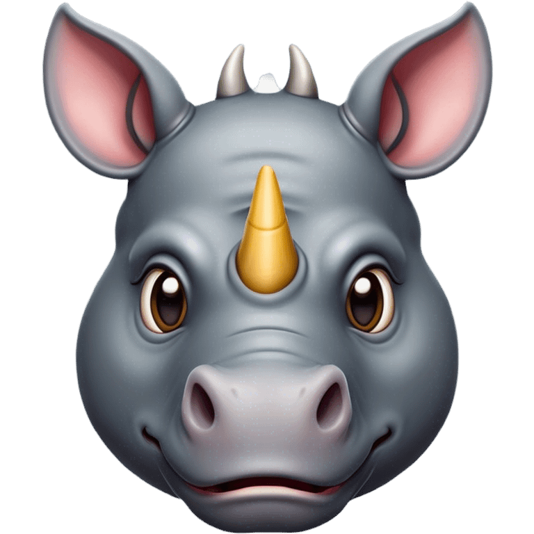 Cinematic Comical Rhinoceros Portrait Emoji, Head tilted dramatically with an exaggeratedly amused expression, featuring a striking, glossy slate-gray hide with a boldly textured horn, wide, expressive eyes filled with playful disbelief, Simplified yet hilariously expressive features, highly detailed, glowing with a slightly sassy glow, high shine, dramatic yet playful, stylized with an air of cheeky wild mischief, bright and endearing, soft glowing outline, capturing the essence of a spirited and over-the-top rhinoceros, so meme-worthy it feels like it could charge its way into internet fame instantly! emoji