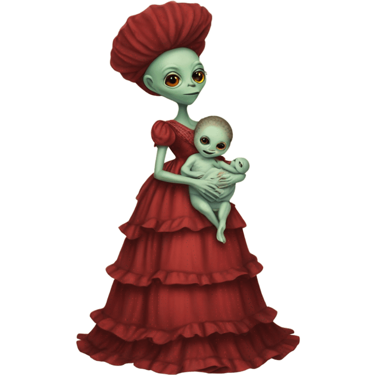  Reptilian alien woman , full body, in victorian red elegant dress , holds a newborn white humman baby emoji