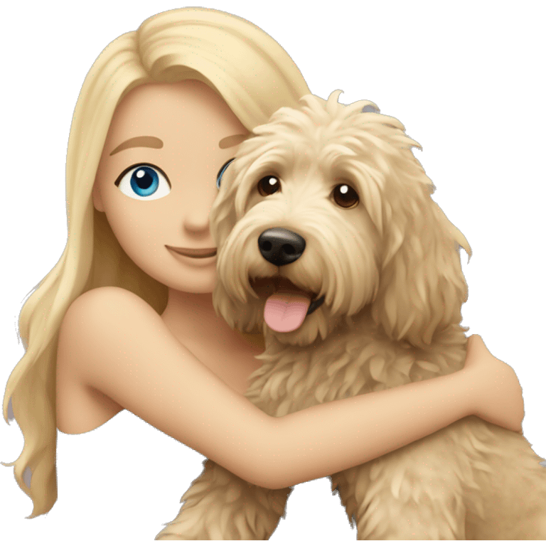 blonde girl with straight hair and blue eyes hugging an australian labradoodle emoji