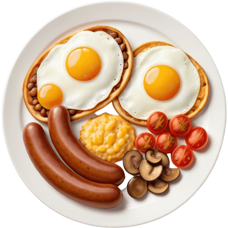 English Breakfast Cinematic Realistic English Breakfast Dish Emoji, depicted as a hearty plate featuring 2 sizzling sausages, a central serving of baked beans, 2 perfectly fried eggs, 2 sliced grilled tomatoes, 2 grilled mushrooms, and a triangle-shaped hash brown, rendered with vivid textures and warm, inviting lighting. emoji