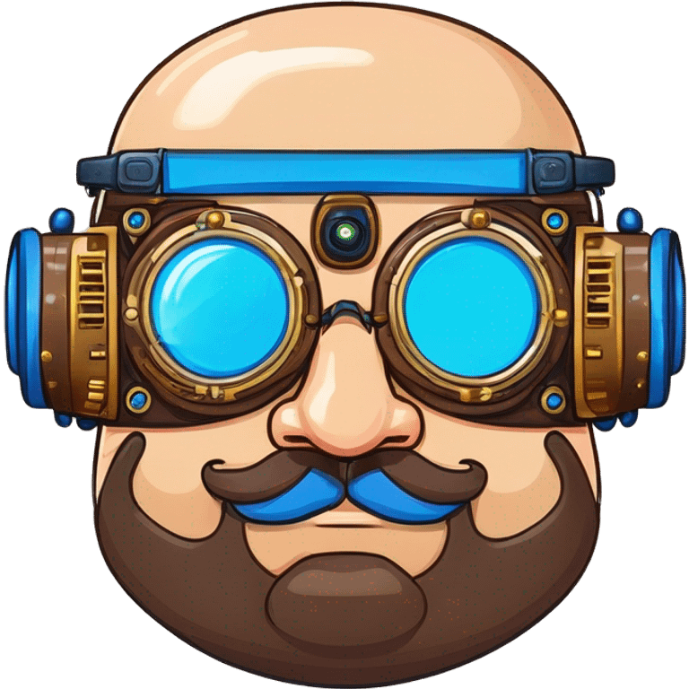 Fat bald cyborg head with blue steampunk goggles, brown beard and circuits emoji