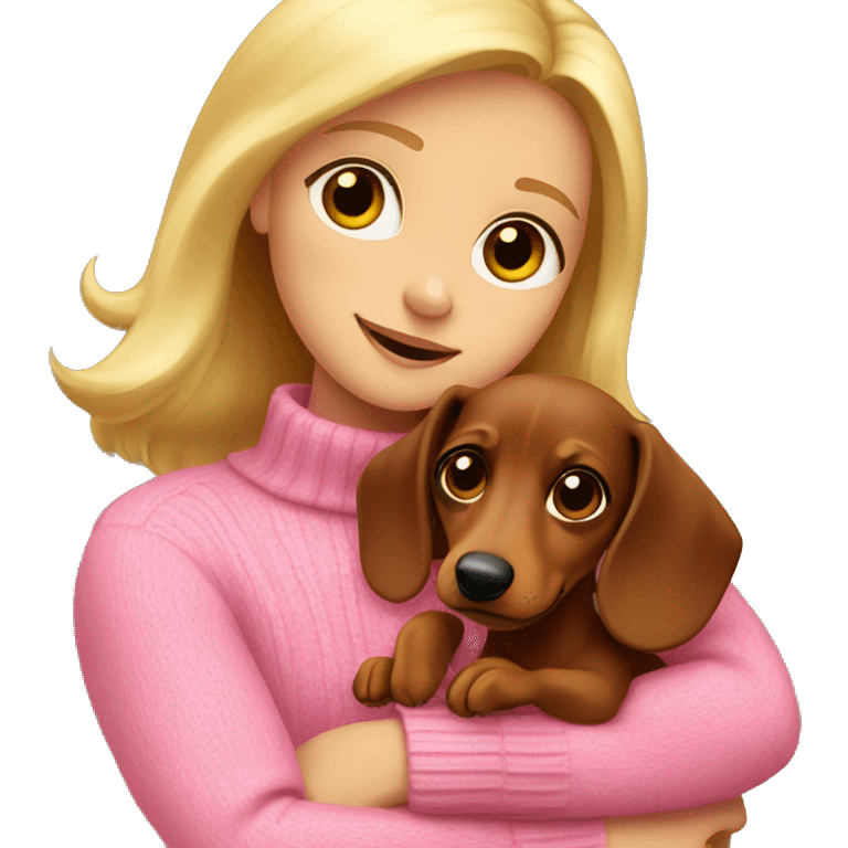 A blonde girl in a pink sweater hugs a brown dachshund emoji