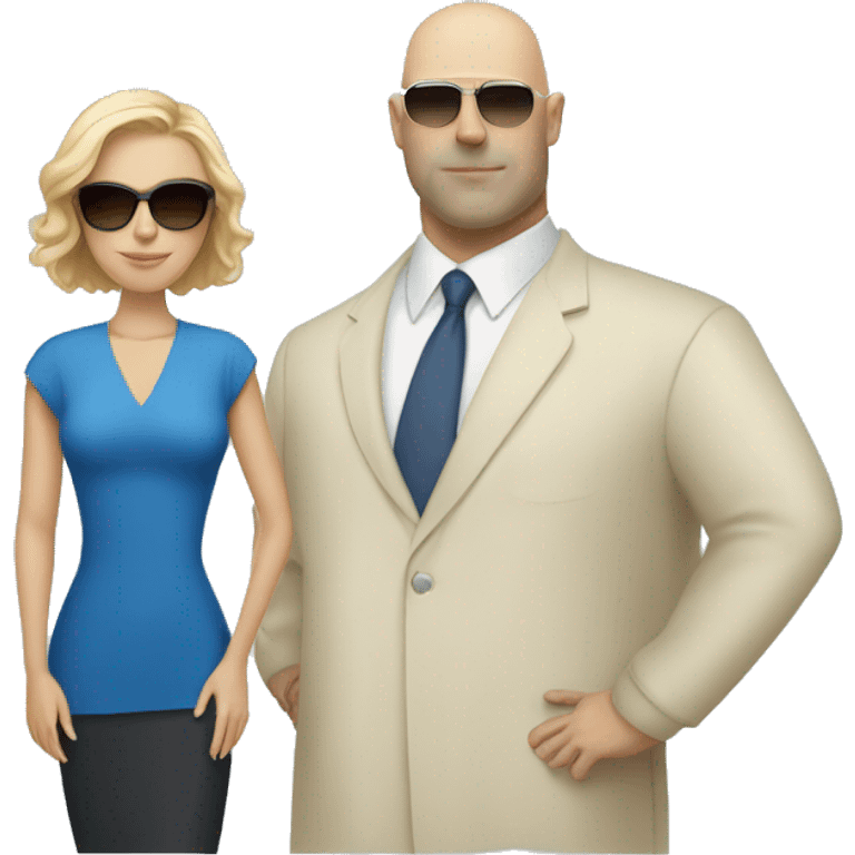 White woman with blonde hair wearing sunglasses and a blue dress, standing next to a tall bald white man  emoji