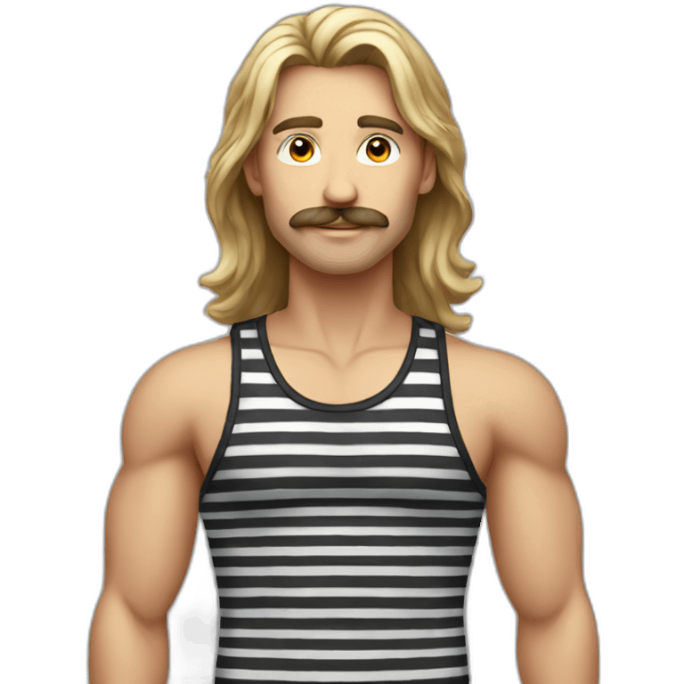 long hair male with moustache and striped black and red tank top emoji