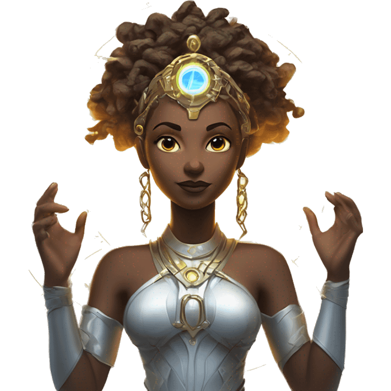 Technomancy Goddess is a mystical being who controls both magic and technology. She can cast spells on technological networks. Her powers blend the ancient art of magic with advanced cybernetics and technology. She can command machines emoji