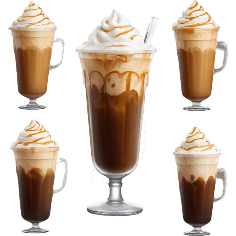 Tall iced coffee with whipped cream and caramel with ice cubes emoji