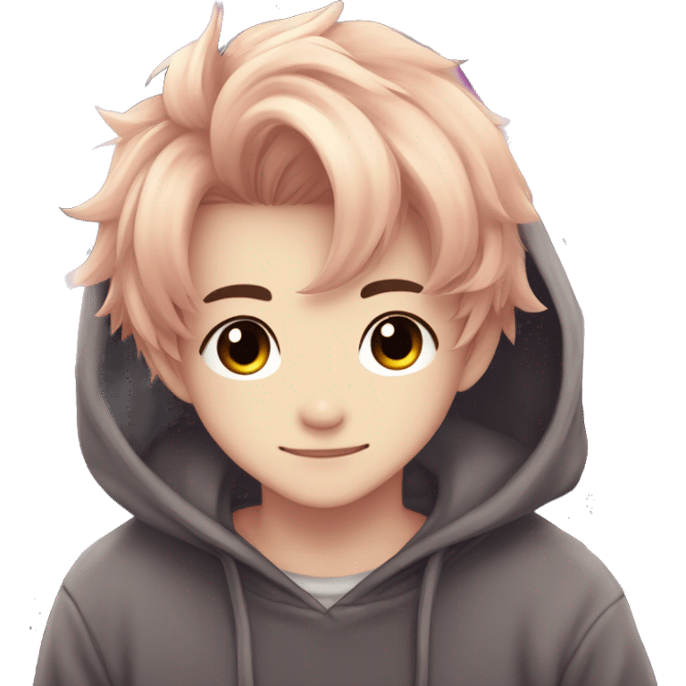 Cute Kawaii Beautiful Gorgeous Sparkly Shiny Blushing Anime Style Romantic Shojo Catboy Man Guy With Pretty Hair And Hoodie Trendy Style Outside emoji