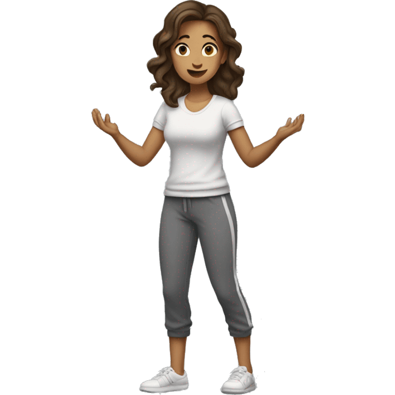 A woman in sweatpants and a t shirt standing up, full body view she is holding her arms out as if se is handing someone something, brown hair side profile  emoji