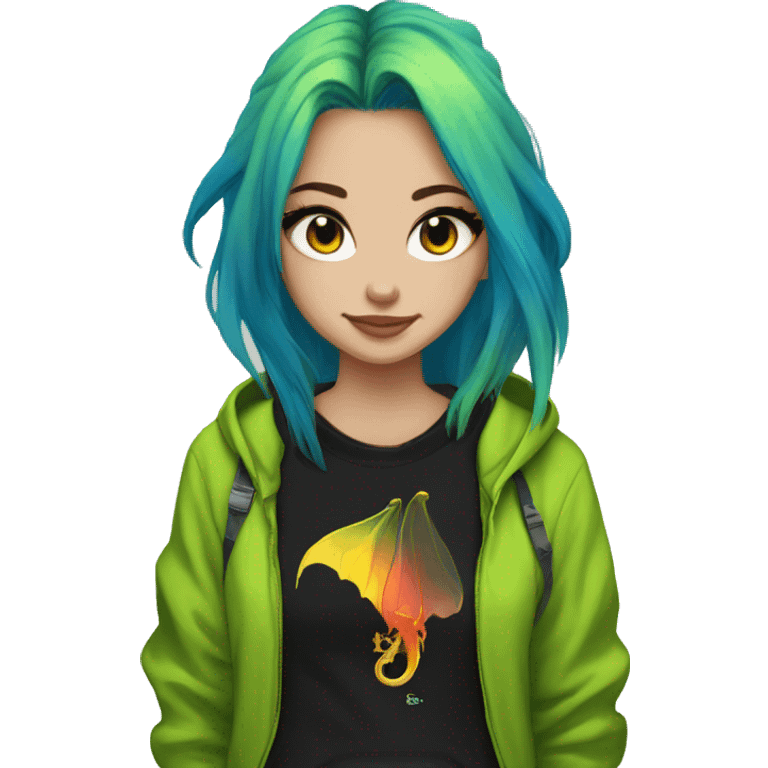 Lady with brunette and iridescent blue hair, gold, lime green dragon wings, black hoodie, bleach dyed, black and gold Nike t shirt, and bright red eyes emoji