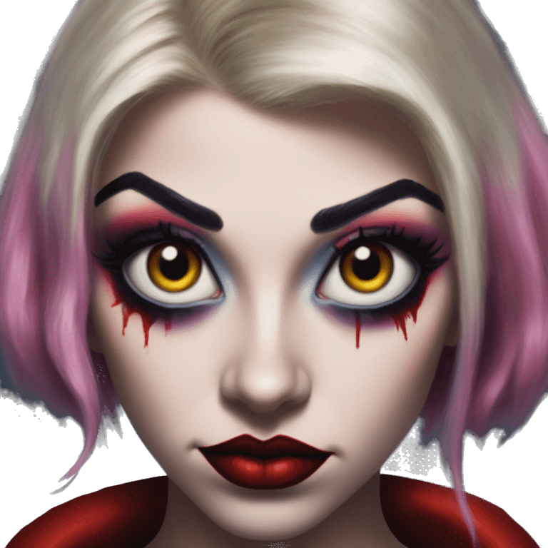 Marvel superhero in Harley Quinn style, oil paint, mysterious eyes, intricate lips, masterpiece portrait, odd perspective, beautiful, desirable, logical emoji