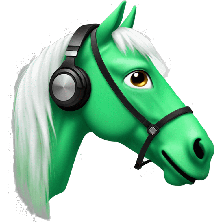 emoji of a green horse with white hair, and dj headphones on. it’s face is made of combination of laughing emoji and kissing emoji  emoji