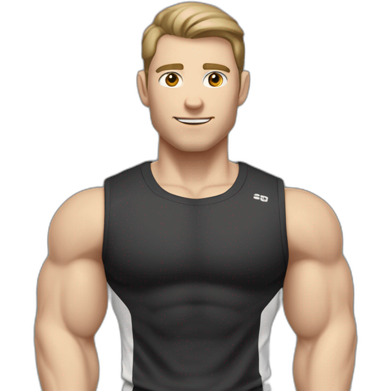 Pale skinned Fit Man With the biceps and dark brown hair in black shirt, gray sports shorts and white Sneakers His right hand near his back of the head emoji