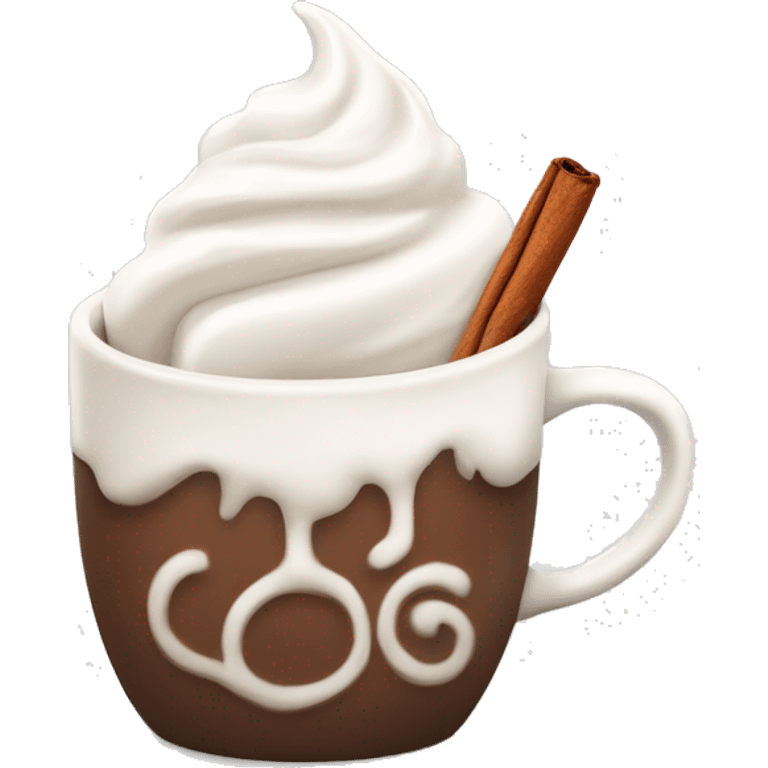 white mug of hot chocolate with whipped cream and cinnamon emoji