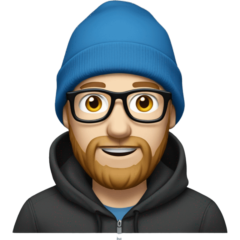 pale white man with a beard in a blue hoodie wearing a black carhartt beanie and clear glasses emoji