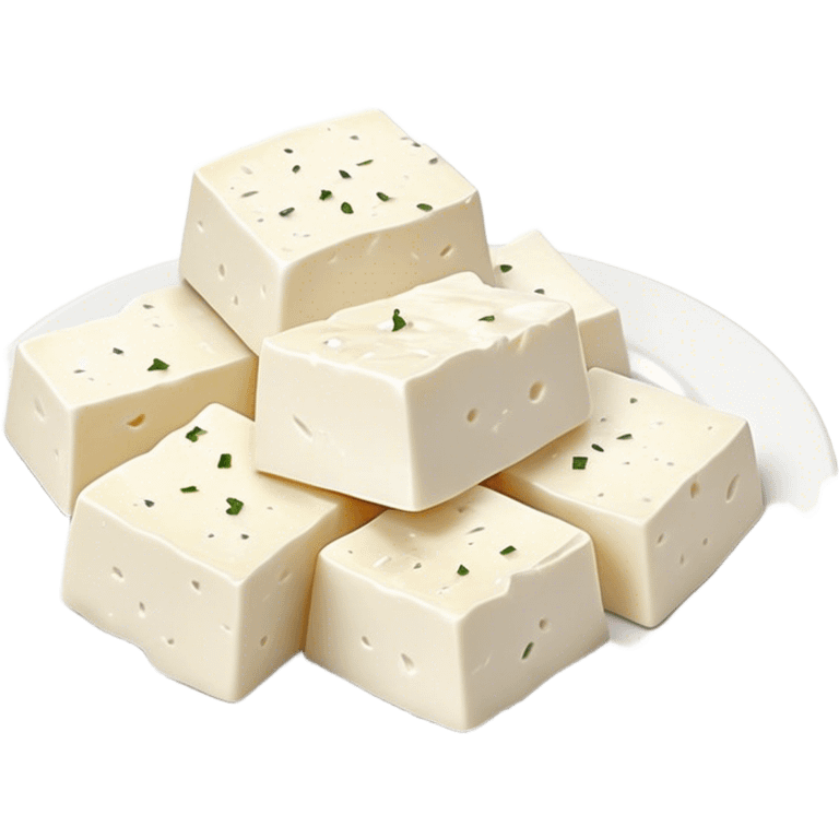 Feta Cheese Cinematic Realistic Feta Cheese Dish Emoji, depicted as slices of tangy, creamy feta cheese served on a plate, rendered with crisp textures and soft, natural lighting. emoji