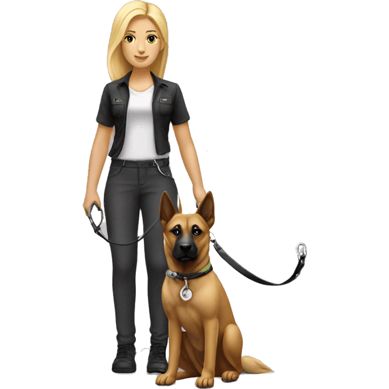 Blonde girl with one Belgian Malinois on a leash power stand emoji