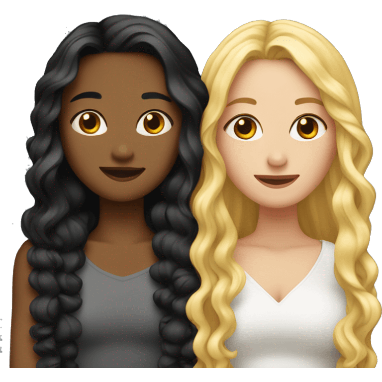 Woman with long straight blonde hair hugging a woman with long curly black hair  emoji