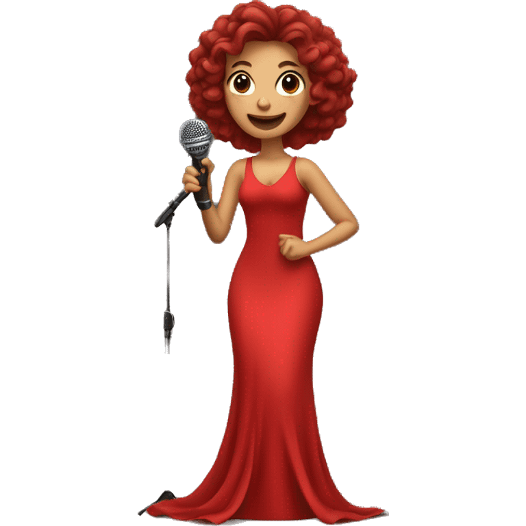 beautiful light girl in a long red dress sings holding microphone in a hand  emoji