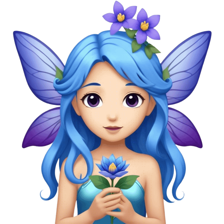 flower fairy, long blue hair, tan skin,  Beautiful, blue flower, fairy, blue, silver, purple, long hair, big wings emoji