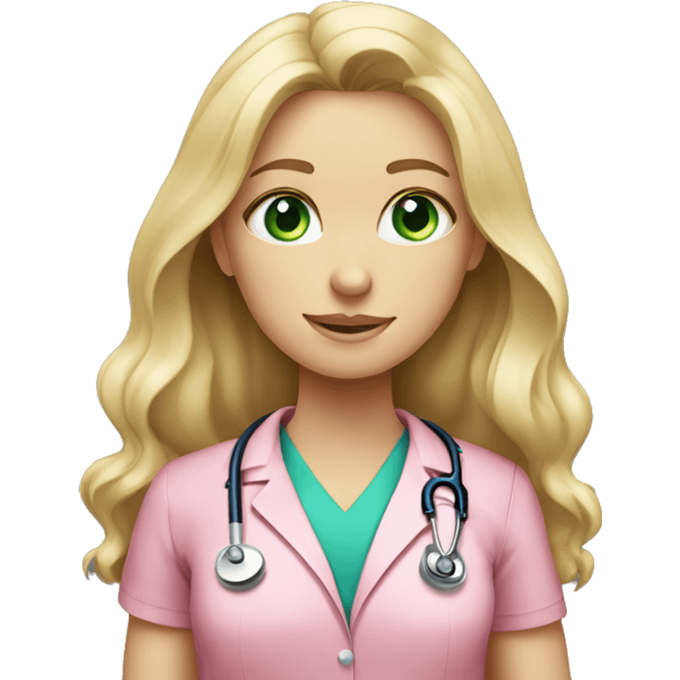 Long haired Blonde girl with green-blue-grey eyes wearing a pink shirt  a doctor emoji