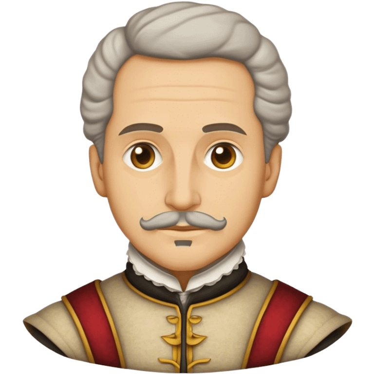 Cinematic Realistic Miguel de Cervantes Portrait Emoji, depicted as a wise thoughtful literary figure in period attire with a reflective gaze, rendered with detailed textures and soft historical lighting that captures his enduring literary legacy. emoji