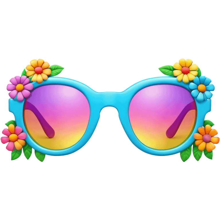 3D, psychedelic colored sunglasses with hippie style flowers emoji