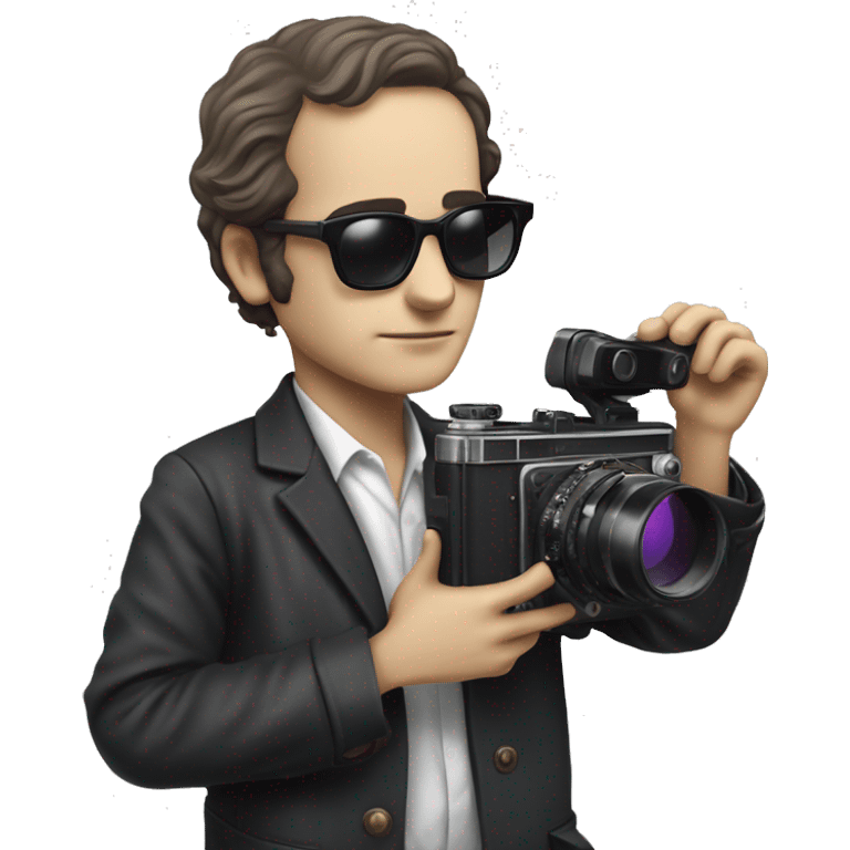 young jean luc godard with sunglasses holding a camera emoji