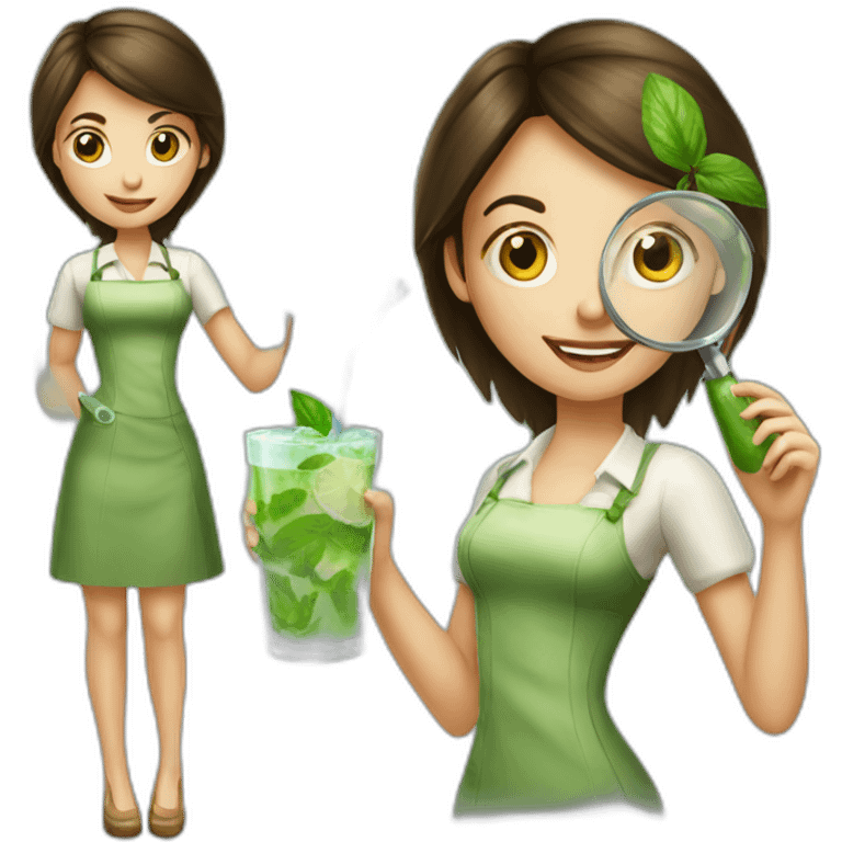 brunette girl with left magnifying glass and right mojito emoji