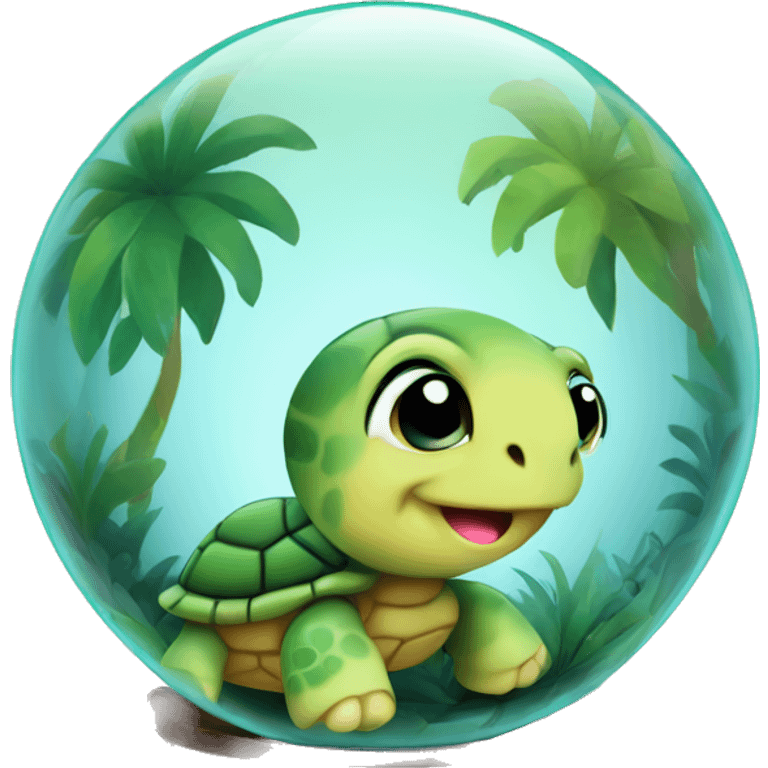 Kawaii colorful baby turtle in a jungle globe emoji