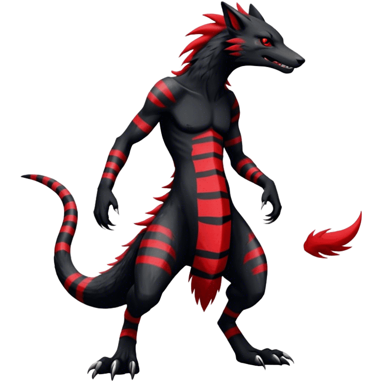 Cool Edgy Vernid-Sergal, Feral, Four Legs, Tail, Black fur, Red stripes, Full body, LiLaiRa emoji