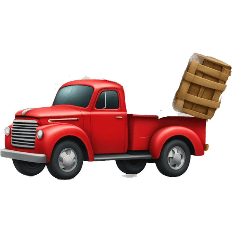 Old red truck carrying a Christmas tree emoji