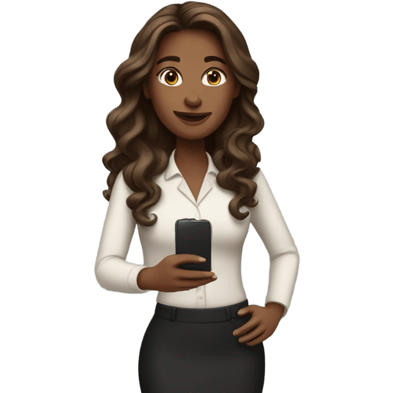 business woman with long wavy brown hair and iphone emoji