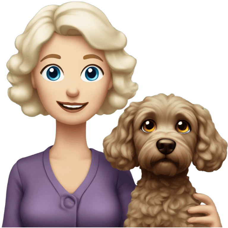 blue eyed old blonde lady with dark brown Cockapoo puppy dog emoji