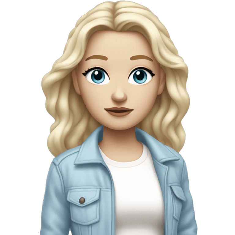  blonde hair white girl with long hair, in a white patched jacket with light blue patches, light blue eyeshadow emoji