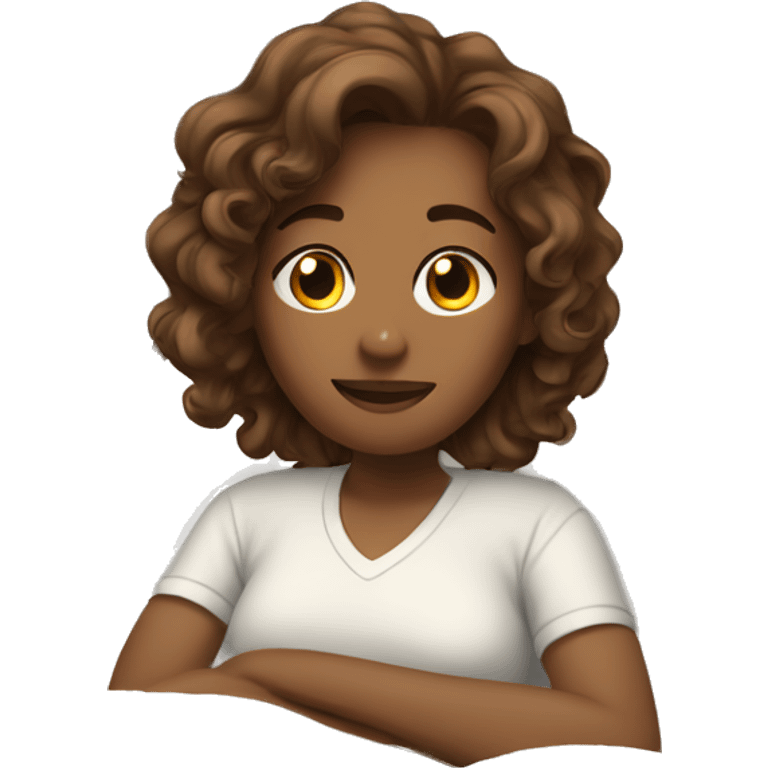 Girl with brown wavy hair in bed emoji