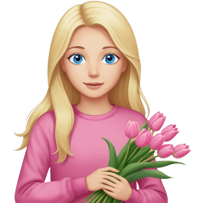 A cinematically realistic blonde with long hair and blue eyes, dressed in jeans and a pink sweatshirt, holds a bouquet of tulips in her hands. emoji