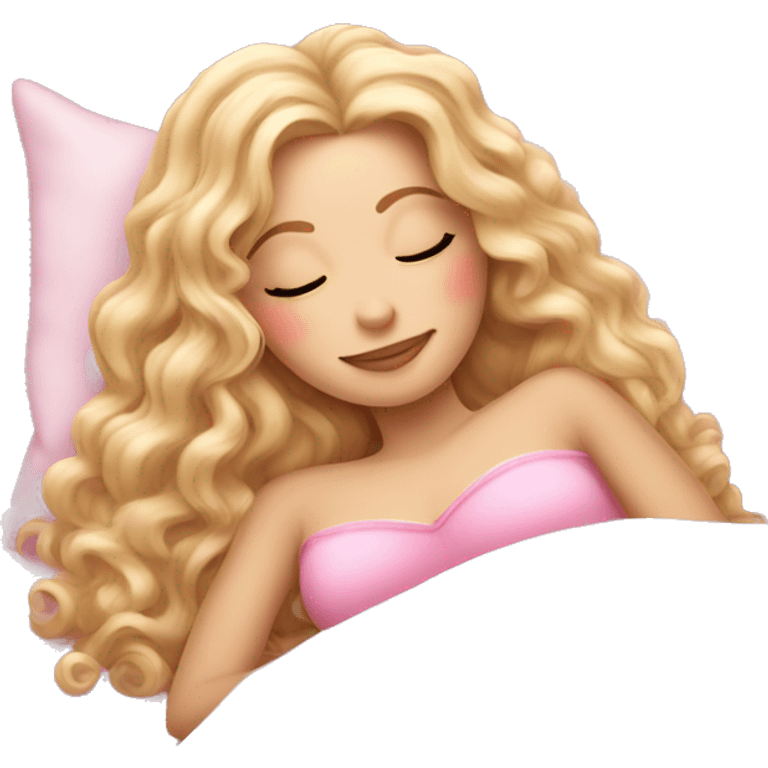 gorgeous white woman with long blonde curly hair sleeping on pink princess bed emoji