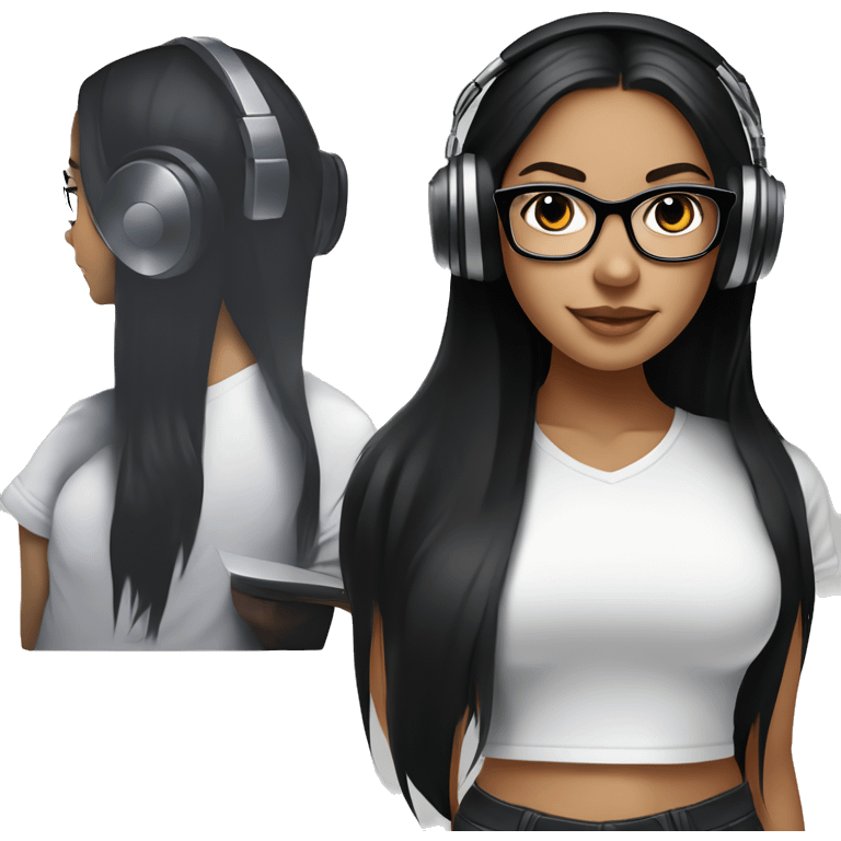 Fair skinned girl with brown eyes and long straight black hair with a black t shirt with glasses on with headphones on mixing on a dj mixer emoji