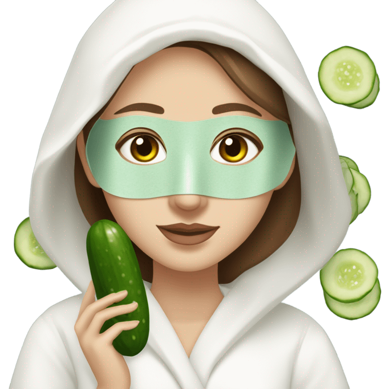 White girl with Brown hair and blue eyes wears a Green clay colored skincare textured mask and puts on cucumbers around her eyes while She relaxes in her white Robe emoji