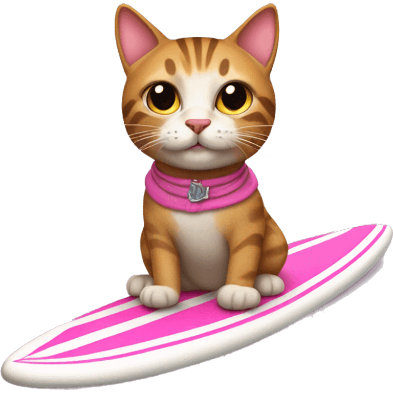 tabby cat with a pink skirt riding a surfboard emoji