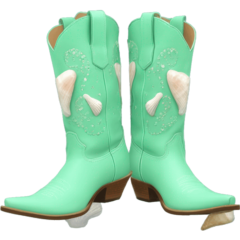 Seafoam green cowgirl boots with seashell print emoji