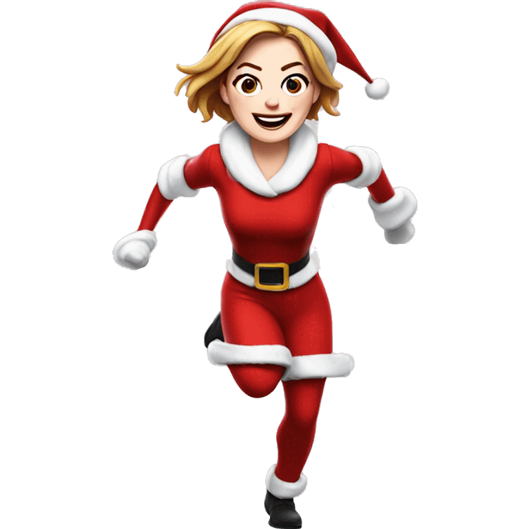 Emma Stone running emoji, with a large stride and arms outstretched, in a santa costume emoji