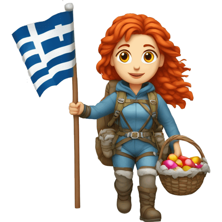 Greek Female winter mountaineer red hair white skin climbing with Greek Flag and Easter eggs basket emoji