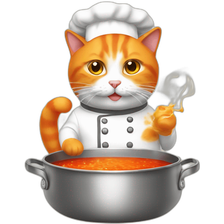 orange and white cat wearing chef hat cooking radioactive chili soup emoji