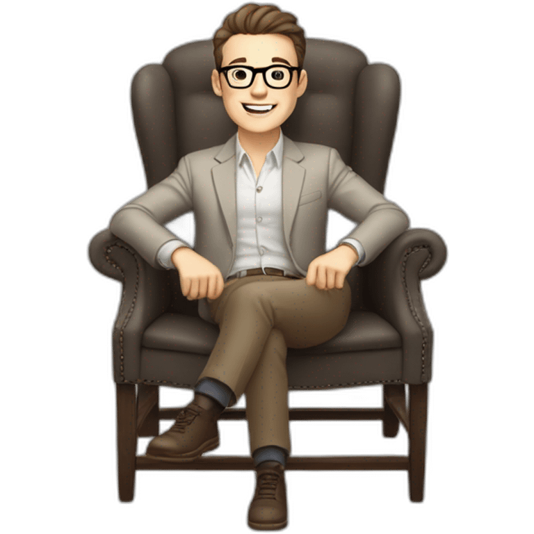 Joyful thrumb up Pale skinned Fit Man With dark brown hair in gray jacket, beige office shirt, Brown pants and vintage glasses sitting In a soft chair emoji