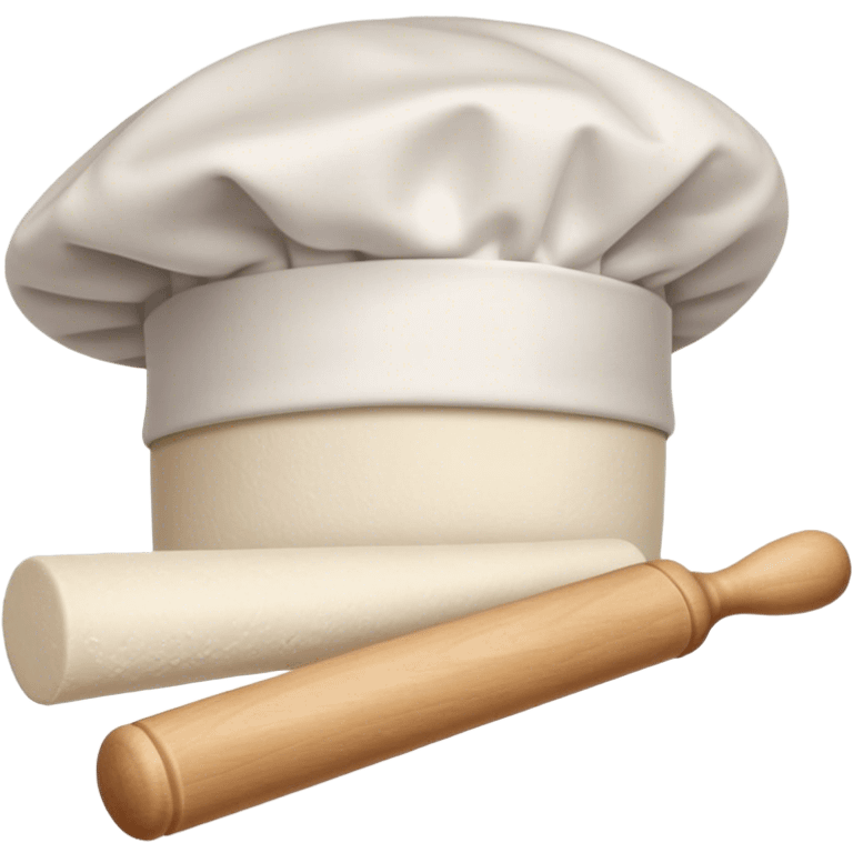 Cinematic Realistic Chef Hat & Rolling Pin, crisp white cotton hat with soft folds, resting beside a classic wooden rolling pin with smooth, polished curves, a light dusting of flour adding authenticity, warm kitchen lighting casting gentle shadows, glowing with a cozy and inviting charm. emoji