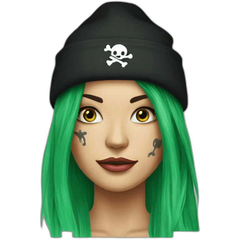 Woman long green hair on one side, tattoo on side of head. other side of head is shaved.  pirate hat. skull and crossbones t shirt emoji