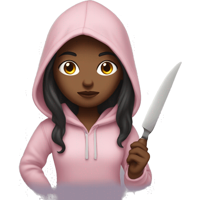 Girl with long dark hair in a light pink hoodie with a serious face holding a butter knife emoji