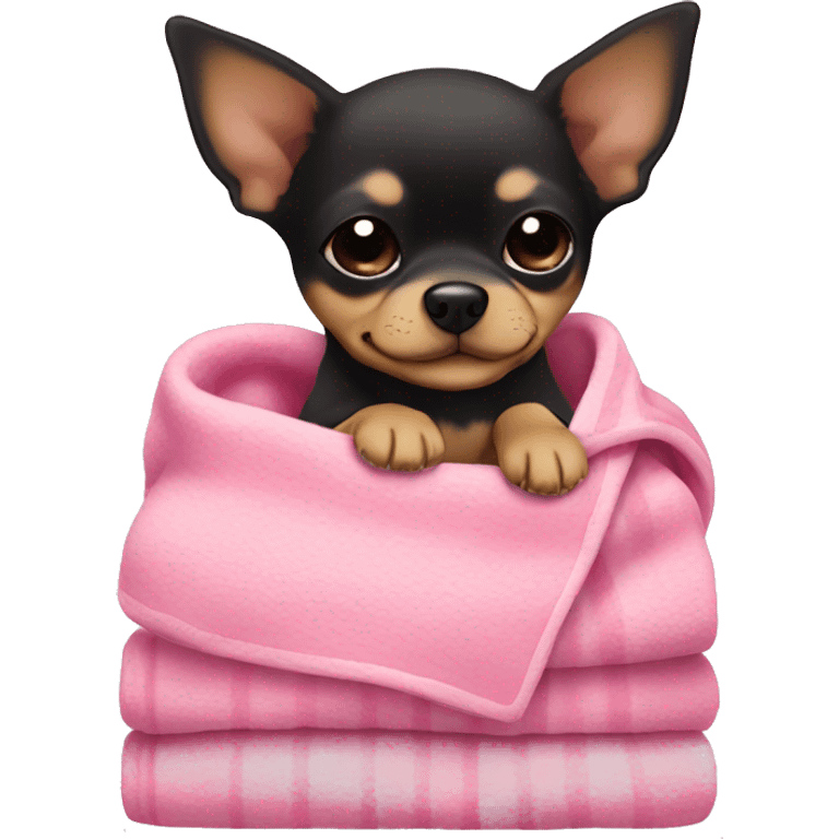 black & tan chihuahua puppy sleeping with a pink blanket  emoji